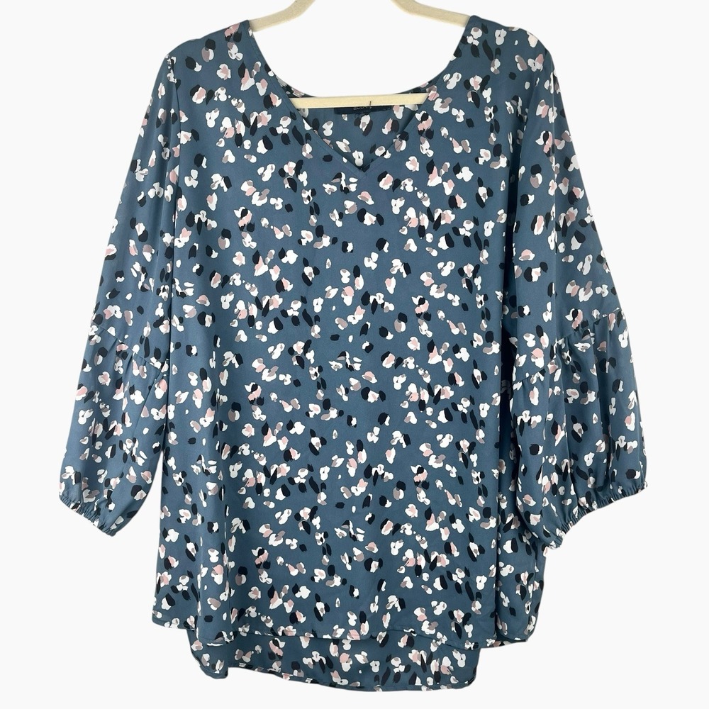 Eclair Womens Blue Top 1X 3/4 Sleeve V-Neck Floral Pink Stretch Cuff Shirt